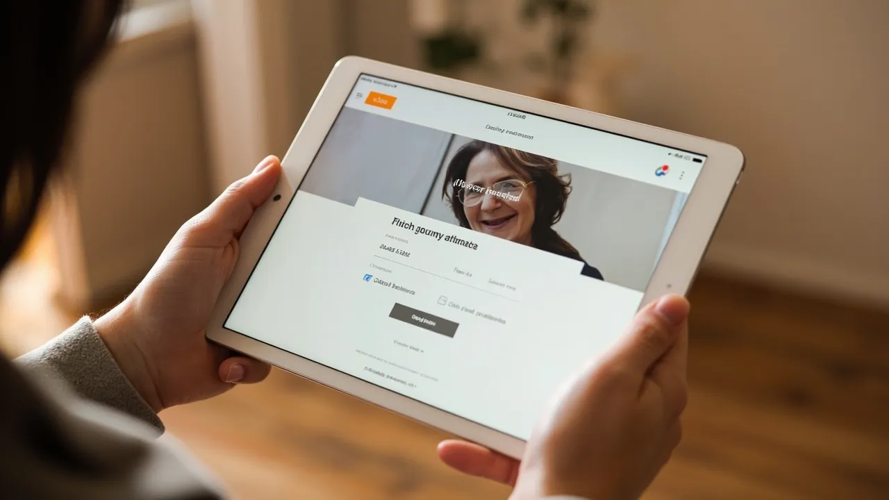 Symbolbild: eine moderne Spenden-Website auf einem Tablet, gehalten von fürsorglichen Händen, umgeben von weichem Tageslicht